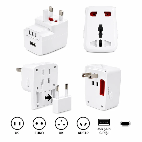 Universal Dünya Priz Dönüştürücü Seyahat Adaptörü USB Şarj Girişli 150+ Ülke Uyumlu Çok Fonksiyonlu Adaptör ürün görseli 1