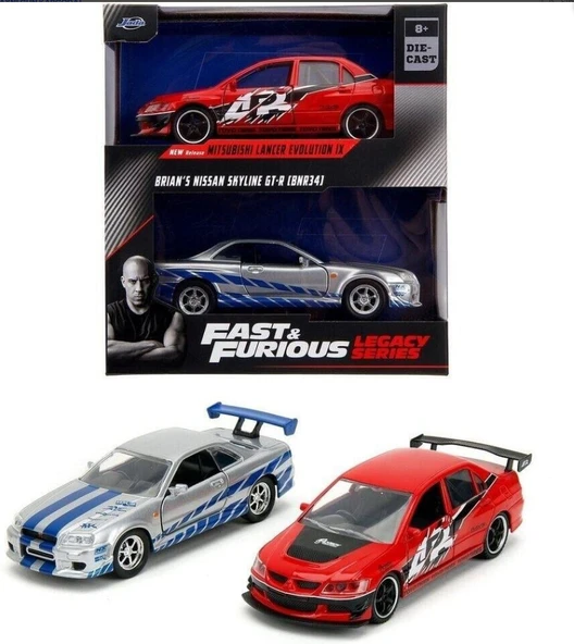 Jada  Legacy Series Mitsubishi Lancer Evo  Brian Nissan Skyline GT-R BNR34 1/32 İkili Araba Seti DİKKAT 1/32 ÖLÇEKTİR UZUNLUK 15CM ürün görseli 1