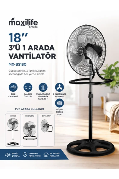 18" 3in1 Sanayi Tipi Ayaklı, Masaüstü, Duvar Tipi Vantilatör, 3 Kademeli ürün görseli 1