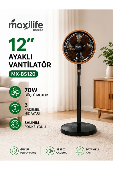 Breeze MX-BS120 12 İnç Ayaklı Vantilatör 70W 3 Kademeli Sessiz Salınım Fonksiyonlu Vantilatör ürün görseli 1