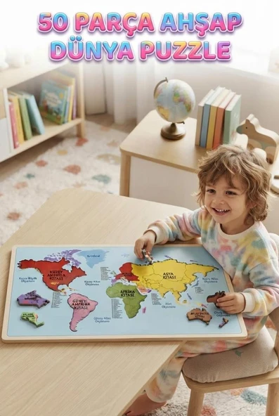 Ahşap Çift Katlı Dünya Haritası Puzzle | 50 Parça Eğitici ve Öğretici Coğrafya Oyunu ürün görseli 1