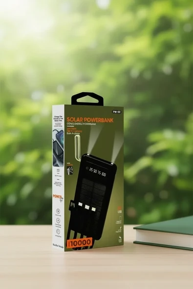 10000mah Güneş Enerjili Taşınabilir Şarj Cihazı - Çift Led Fenerli, Lcd , 2 Usb-C Powerbank ürün görseli 1
