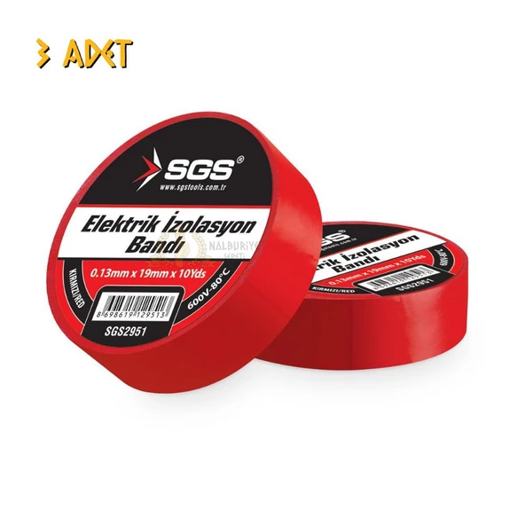 SGS Elektrik İzolasyon Bandı - Kırmızı - 19 mm x 9 mt. - 3 Adet ürün görseli 1