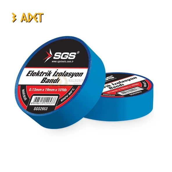 SGS Elektrik İzolasyon Bandı - Mavi - 19 mm x 9 mt. - 3 Adet ürün görseli 1
