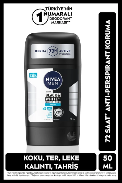 Nivea  Erkek Stick Deodorant Black&white Invisible Fresh 50 ml, 72 Saat Anti Perspirant,Leke Karşıtı ürün görseli 1