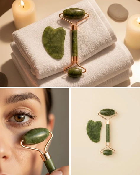 Yeşim Taşı Yüz Bakım Seti Çift Başlıklı Roller Ve Gua Sha ürün görseli 1