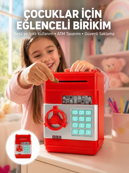 Şifreli Kırmızı Atm Tasarımlı Çelik Kasa Görünümlü Kumbara ürün görseli 1