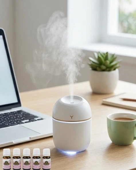 Mini Hava Nemlendirici Usb Bağlantılı Led Işıklı 5 Esans Hediyeli Aromaterapi Difüzörü ürün görseli 1