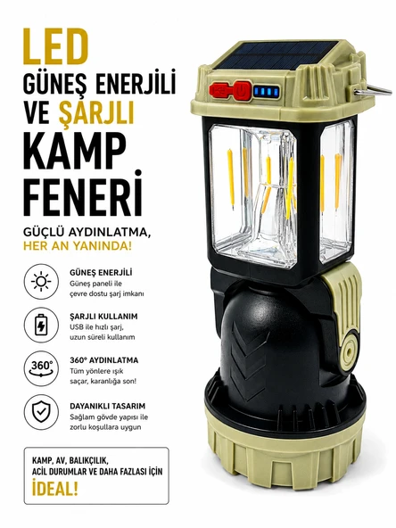Güneş Enerjili ve Şarjlı LED Kamp Lambası Feneri  Powerbank Özellikli  4 Işık Modu Suya Dayanıklı ürün görseli 1