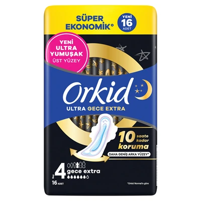 Orkid Ultra Ekstra Hijyenik Ped Dörtlü Gece 16 Yeni Yumuşak Yüzey 6'li Avantaj Paketi ürün görseli 1