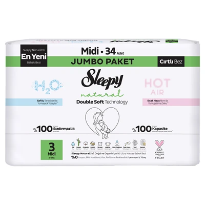 Sleepy Natural Double Jumbo Bebek Bezi Midi 34 Adet Ultra Hassas 6'li Avantaj Paketi ürün görseli 1