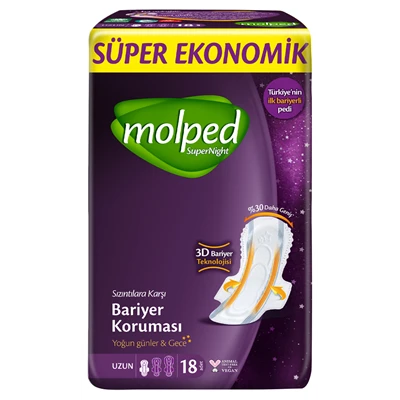Molped Super Night Hijyenik Ped Ekonomik Paket Uzun 18 Li Gece Koruma 8'li Avantaj Paketi ürün görseli 1