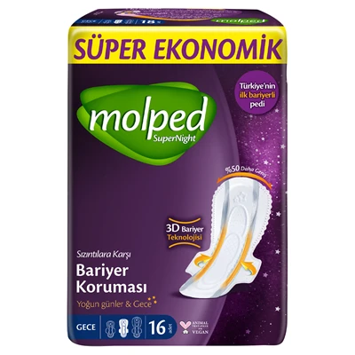Molped Super Night Hijyenik Ped Ekonomik Paket Gece 16'lı 2'li Ekonomik Paket ürün görseli 1