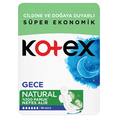 Kotex Natural Süper Ekonomik Hijyenik Ped Gece 14'lü - %0 Boya, Klor, Parfüm 2'li Ekonomik Paket ürün görseli 1