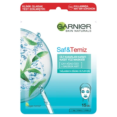 GARNIER Kağıt Yüz Maskesi Saf&Temiz Çay Ağacı Özü ve Salisilik Asit 6'li Avantaj Paketi ürün görseli 1