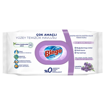 Bingo Yüzey Temizleme Mendili 96lı Lavanta Ekstra Büyük Kalın 5'li Avantaj Paketi ürün görseli 1