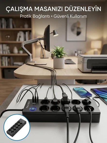 Akım Korumalı 10'lu Çoklu Priz Usb-a Ve Type-c Şarj Çıkışlı ürün görseli 1