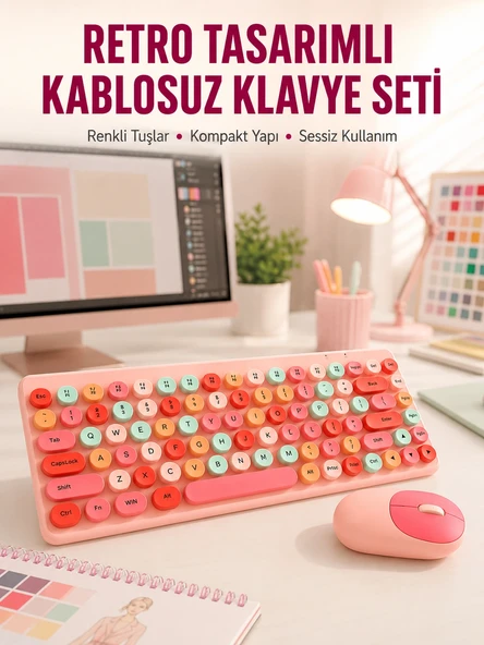 Renkli Retro Tuş Takımlı Klavye – 3 Cihaz Bağlantısı, Medya Kısayol Tuşları Yeni Nesil ürün görseli 1