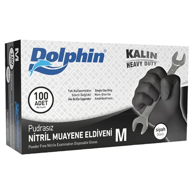 Dolphin Nitril Muayene Eldiveni Pudrasız 100 Adet Siyah M - Extra Kalın ürün görseli 1