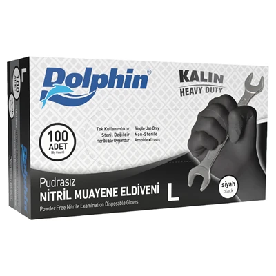 Dolphin Nitril Muayene Eldiveni Pudrasız Siyah L 100 Adet Extra Kalın ürün görseli 1