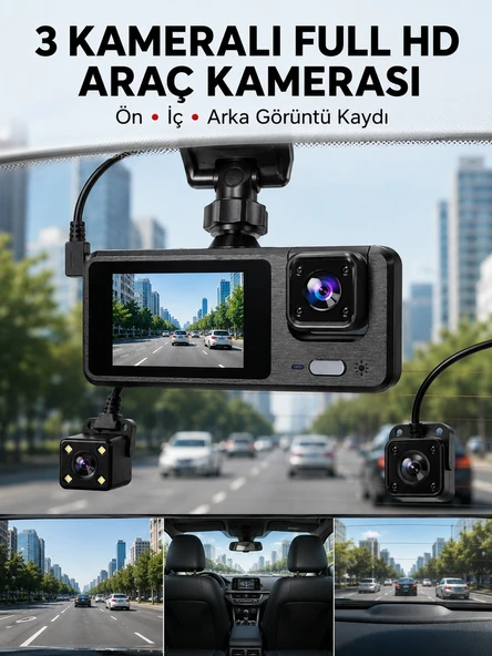 3 Kanallı Araç DVR – Ön + İç + Arka Kamera ile Tam Kapsama, Yüksek Güvenlik Yeni Nesil ürün görseli 1