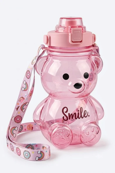 1200 ml Pipetli Ayıcık Figürlü Çocuk Matarası - Askılı Smile Sevimli Su Suluğu ürün görseli 1