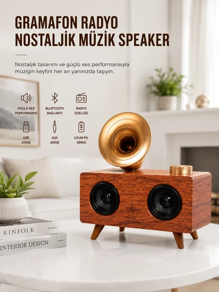 Bluetooth Nostalji Speaker Radyo Gramofon Ahşap Renk Vintage Yeni Nesil ürün görseli 1