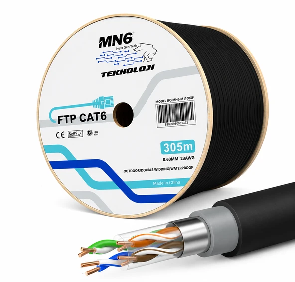 MN6 M108XF Cat6 FTP Ethernet Kablosu 305 Metre Dış Mekan UV Korumalı Çift Katmanlı PE+PVC Parazit Önleyici 23AWG 0.60mm ürün görseli 1