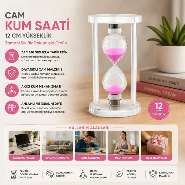 Orta Boy Cam Standlı Kum Saati - 12 cm Yükseklik - Dekoratif Süs Eşyası ürün görseli 1