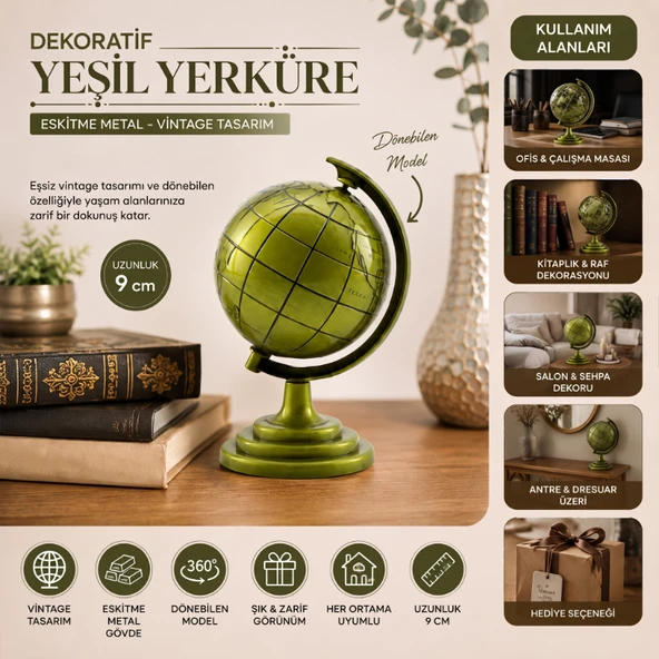 Yeşil Eskitme Dünya Biblosu - Metal - Küçük Boy - Dekoratif Süs Eşyası ürün görseli 1