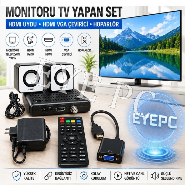 Monitörü Tv Yapma Aparatı Hd Uydu Ve Hdmı Vga Çevirici Ve Hoparlör 3 Lü Set ürün görseli 1