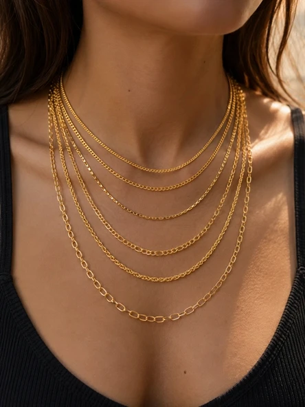 6'lı Gold Renk Zincir Kolye ürün görseli 1