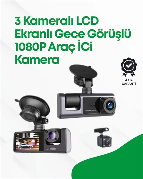 2.0” LCD Ekranlı, Döngüsel Kayıt Özellikli Üç Kameralı Oto Kamera ürün görseli 1
