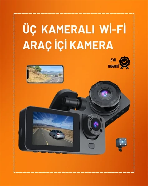 Full HD Çözünürlüklü Üç Kameralı Araç İçi Kamera – Park ve Sürüş Güvenliği ürün görseli 1