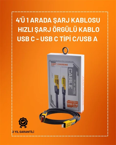 4'ü 1 Arada USB Hızlı Şarj ve Veri Kablosu – 65W Güç, Çoklu Bağlantı, 1.2m ürün görseli 1
