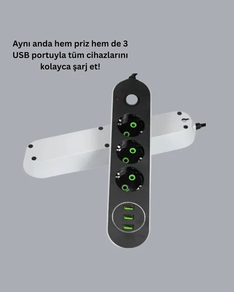Akım Korumalı Anahtarlı USB Girişli Üçlü Priz - Resim 2