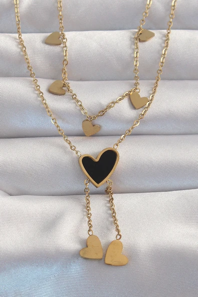 316L Çelik Gold Renk Mineli Çoklu Kalp Kolye 5886 ürün görseli 1