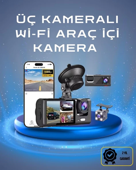 Üç Kameralı 1080p Full HD Araç İçi Kamera – G-Sensörlü ve Gece Görüşlü ürün görseli 1