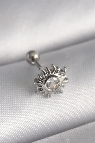 316L Çelik Gümüş Renk Zirkon Taşlı Güneş Tragus Piercing 5886 ürün görseli 1