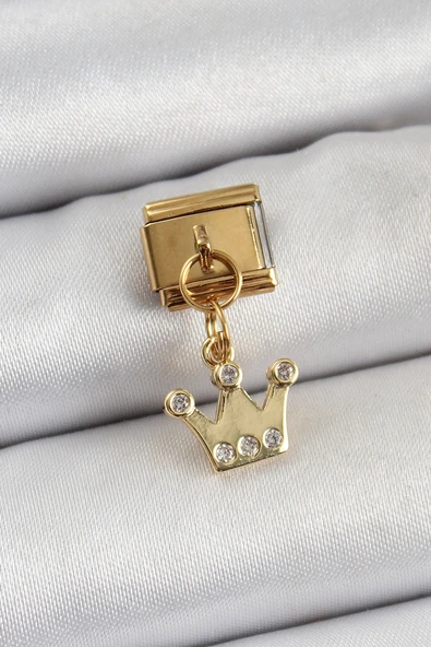 316L Çelik Sallantılı Zirkon Taşlı Kraliçe Tacı Model Gold Renk Nomination Charm 5886 ürün görseli 1