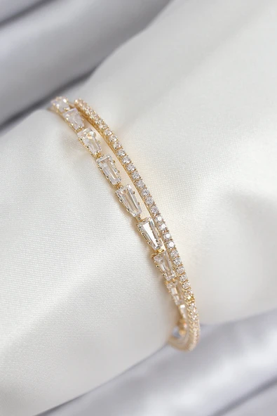 Pirinç Zirkon Taşlı Su Yolu Model Gold Renk Kadın Bileklik 5886 ürün görseli 1