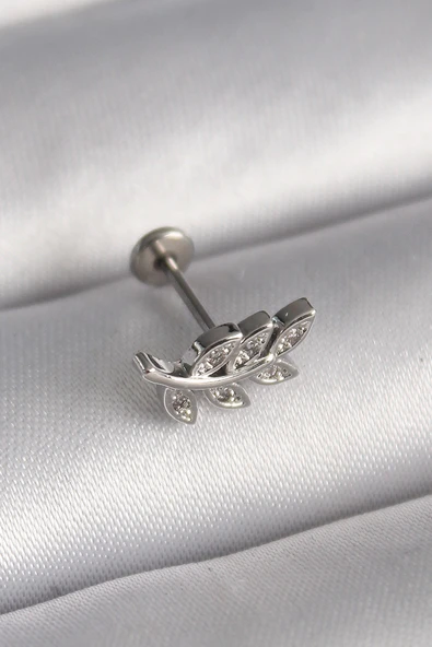 316L Çelik Gümüş Renk Dal Model Zirkon Taş Detaylı Tragus Piercing 5886 ürün görseli 1