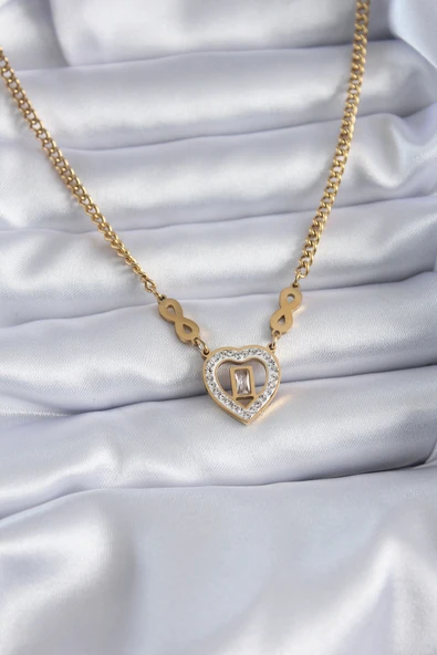 316L Çelik Gold Renk Zirkon Taşlı Kalp Model Sonsuzluk Detay Kadın Kolye 5886 ürün görseli 1