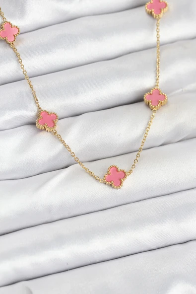 316L Çelik Zincir Gold Renk Pembe Baby Boy Yonca Kadın Kolye 5886 ürün görseli 1