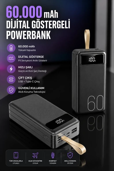 Powerbank 60.000 Mah Hızlı Şarj 4 Çıkışlı Uzun Şarj Süreli Dijital Göstergeli ürün görseli 1