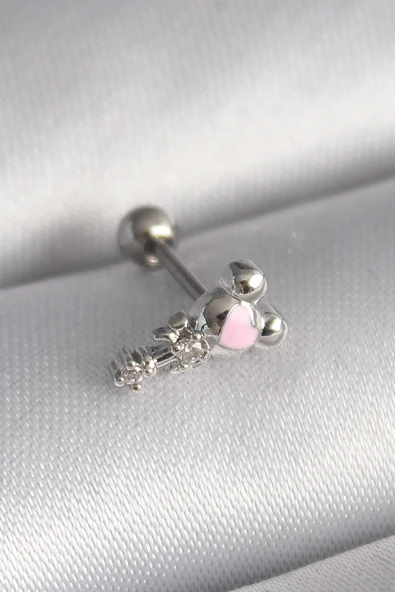 316L Çelik Gümüş Renk Zirkon Taş Detay Pembe Kalp İşleme Tragus Piercing 5886 ürün görseli 1