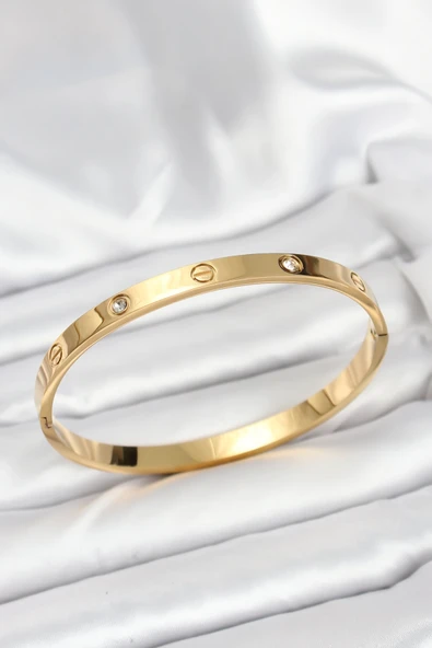 316L Çelik Gold Renk Zirkon Taşlı 65 mm Kadın Kelepçe Bileklik 5886 ürün görseli 1