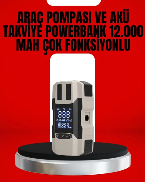 Dijital Ekranlı Araç Pompası Akü Takviye Powerbank 12.000 mAh ürün görseli 1