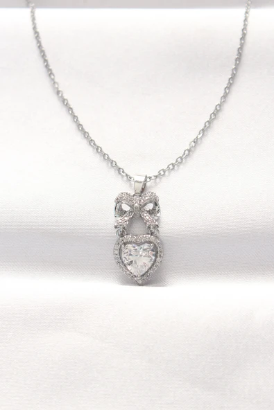 316L Çelik Silver Renk Zirkon Taşlı Kalpli Fiyonk Kolye 5886 ürün görseli 1
