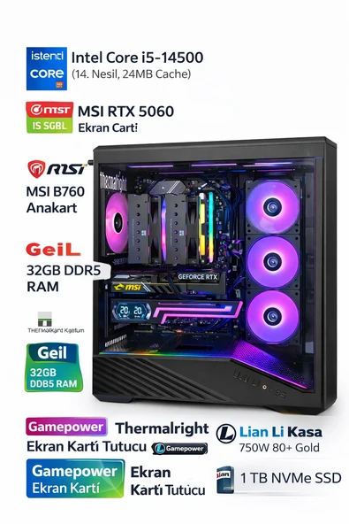 i5-14500 32GB RAM 1TB SSD RTX 5060 Masaüstü Oyuncu ve İş  Bilgisayarı ürün görseli 1